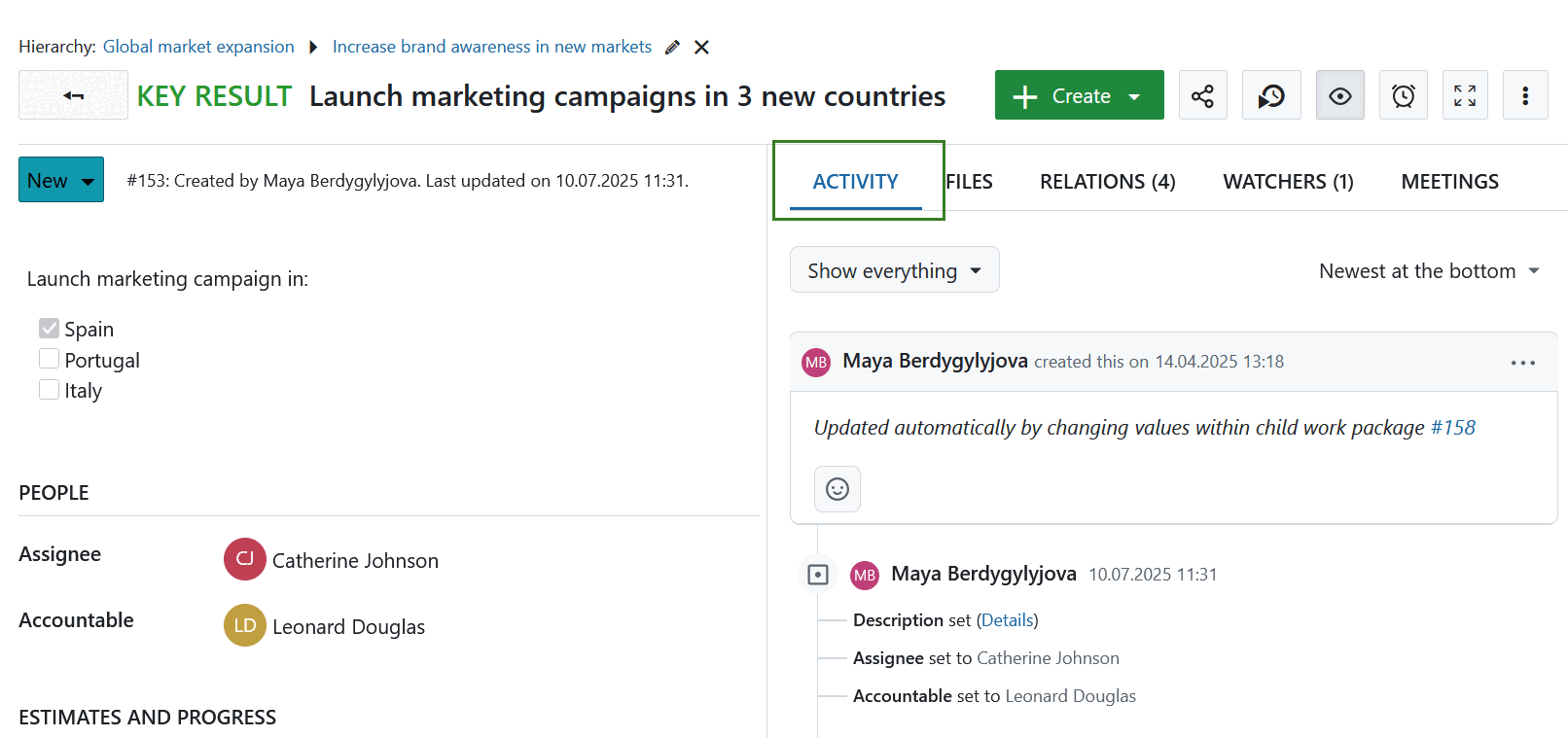 Pestaña Actividad en una vista detallada de un paquete de trabajo en OpenProject