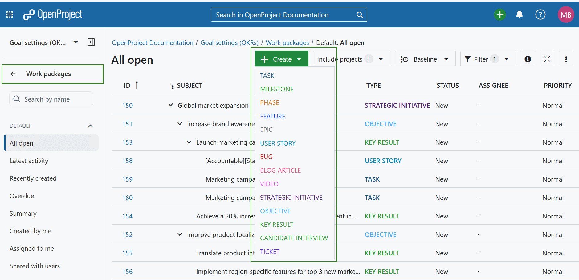 Botón Crear para crear un nuevo paquete de trabajo en OpenProject