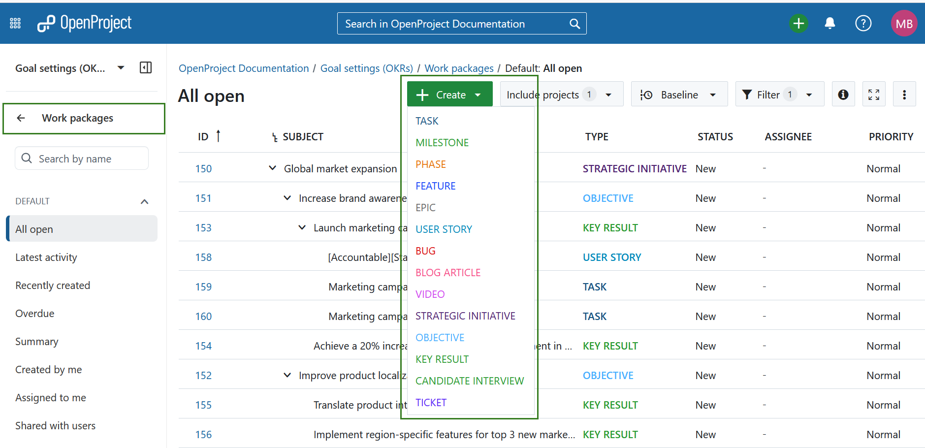 Botón Crear para crear un nuevo paquete de trabajo en OpenProject
