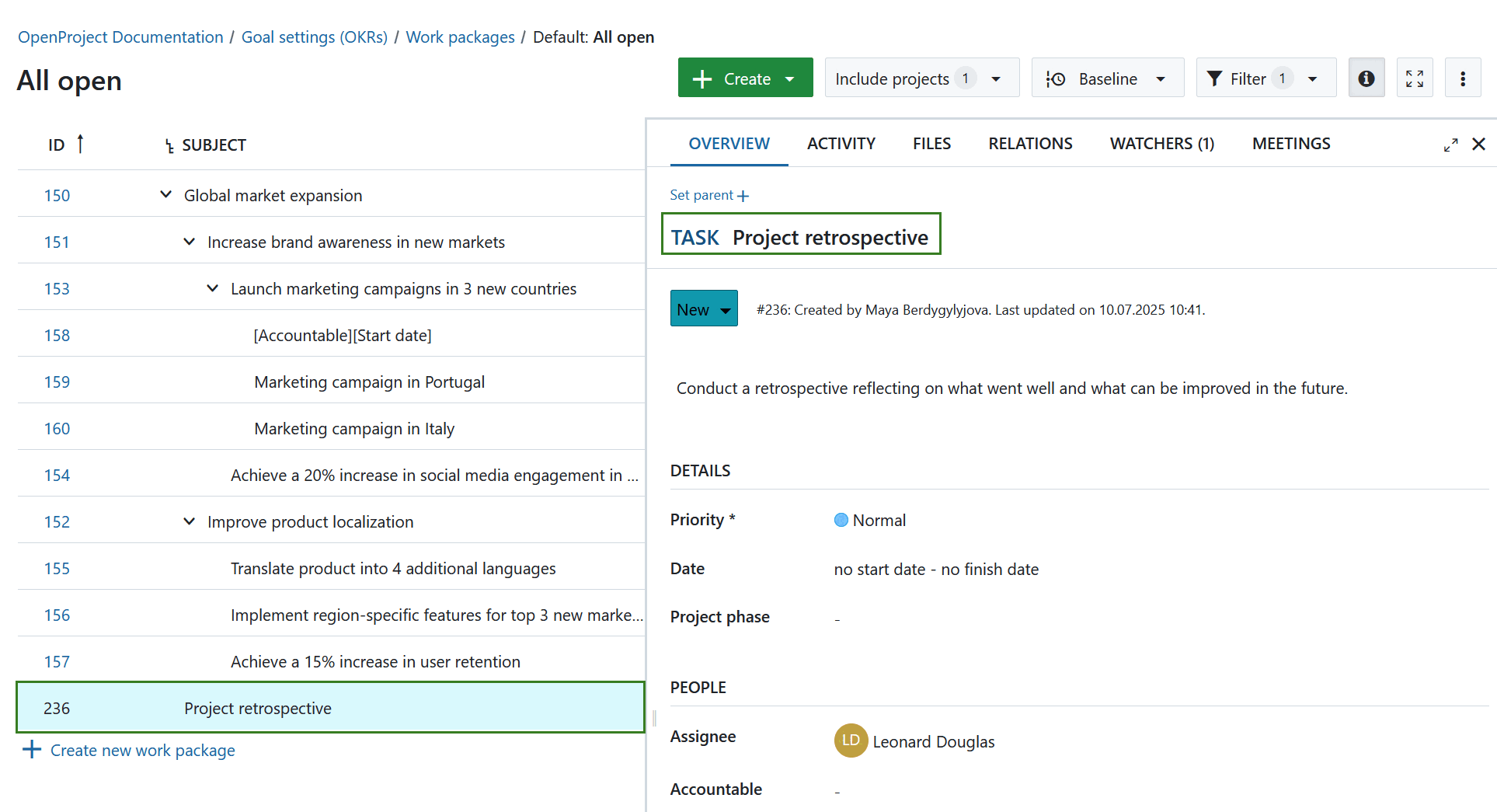 El paquete de trabajo recién creado se muestra en la lista de paquetes de trabajo en OpenProject