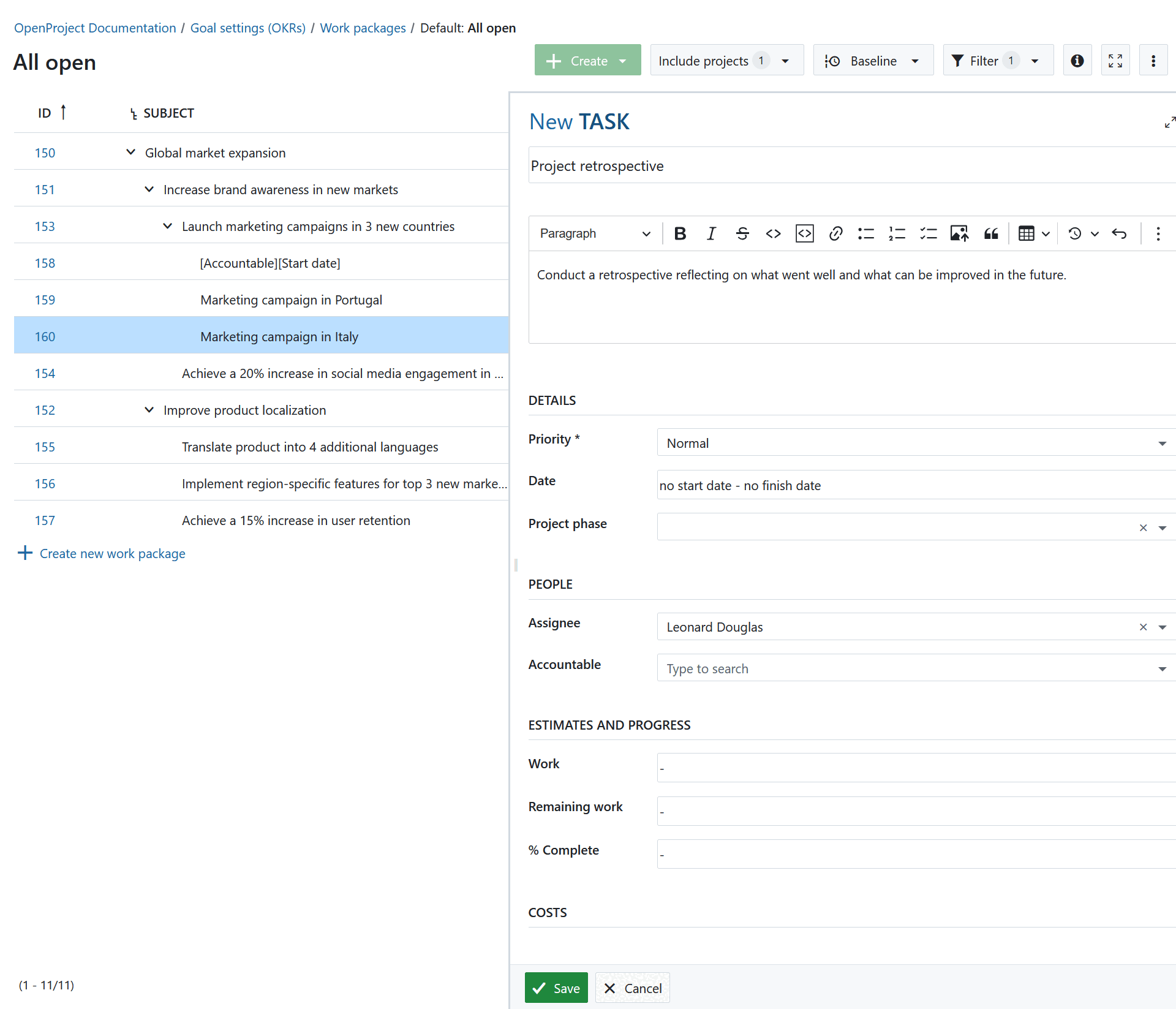 Vista de pantalla dividida que muestra una lista de los paquetes de trabajo existentes a la izquierda y el formulario para crear un nuevo paquete de trabajo a la derecha