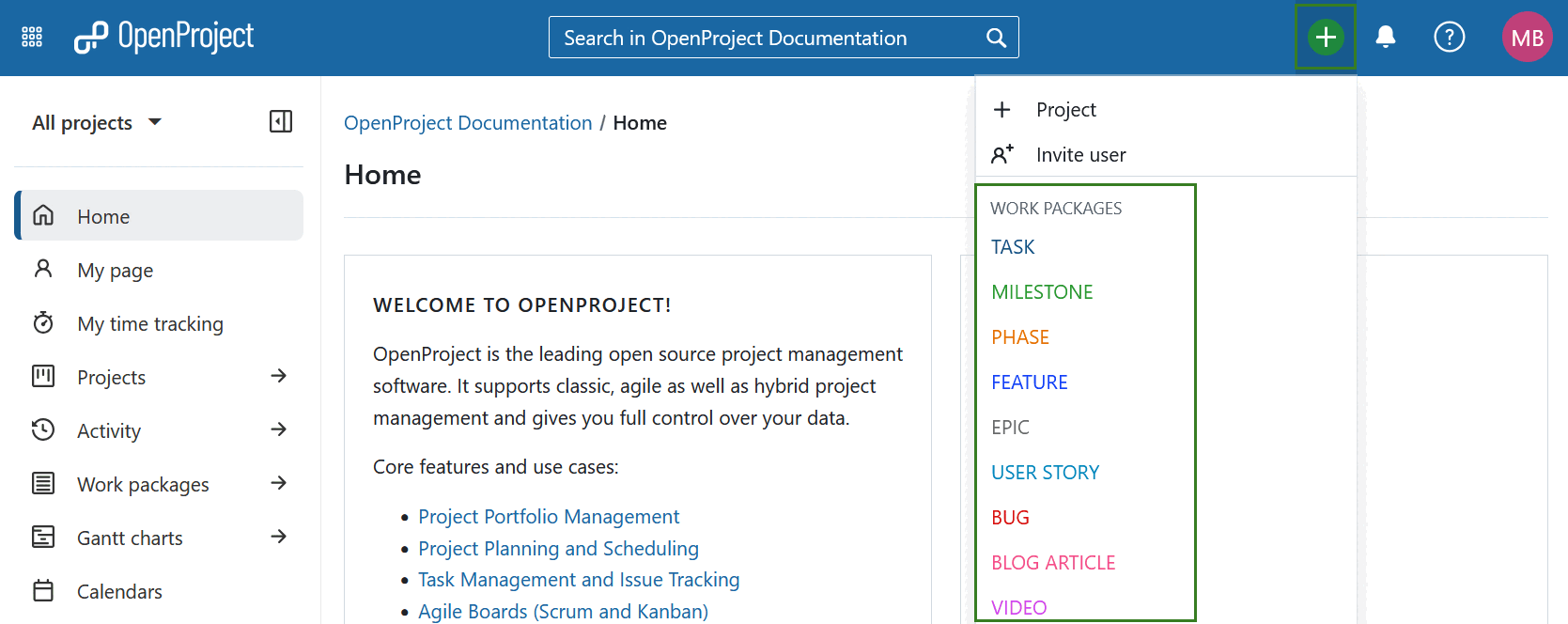 Icono más en la navegación del encabezado de OpenProject, abierto y mostrando los tipos de paquetes de trabajo para crear un nuevo paquete de trabajo