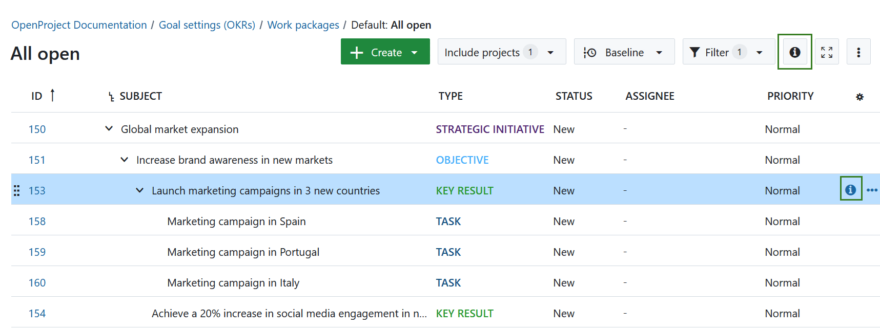 «I» icono para abrir una vista detallada de un paquete de trabajo en OpenProject