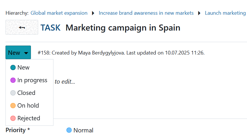 Menú desplegable del estado del paquete de trabajo abierto en una vista detallada del paquete de trabajo en OpenProject