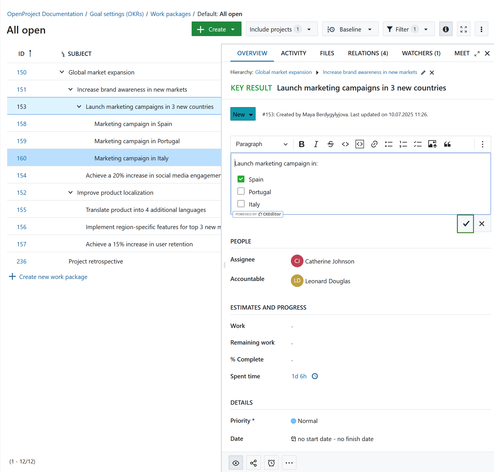 Actualizar un paquete de trabajo en una vista de pantalla dividida en OpenProject