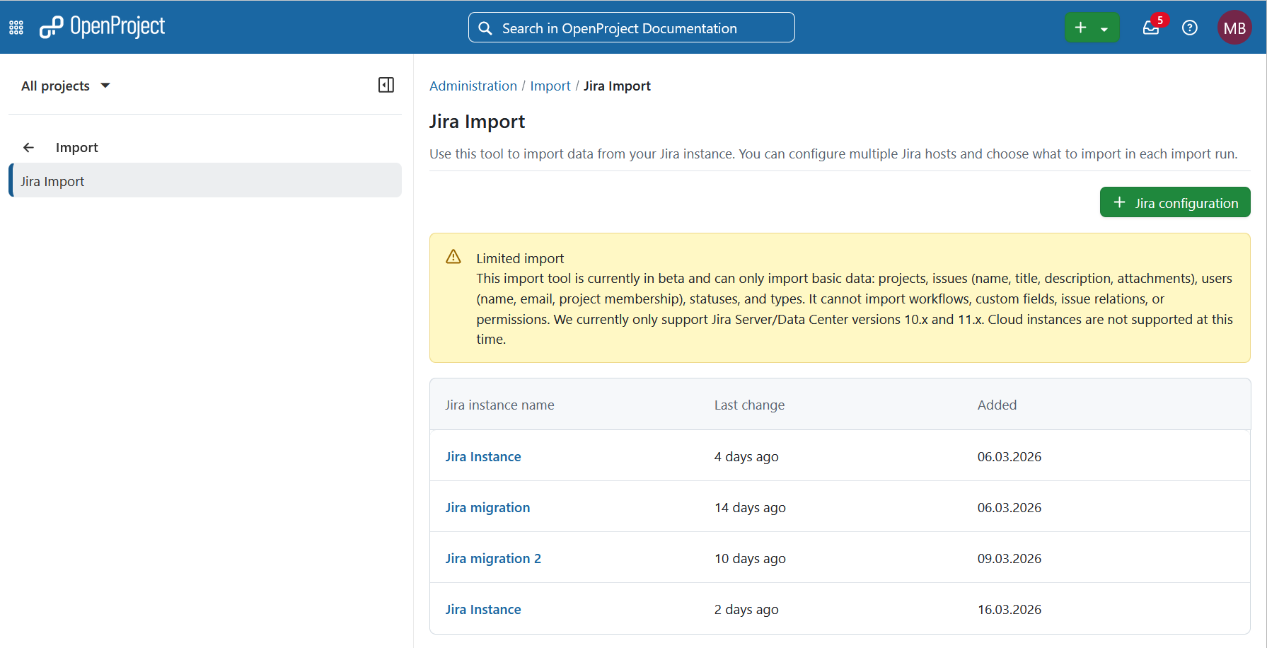 Jira importer settings under OpenProject administration