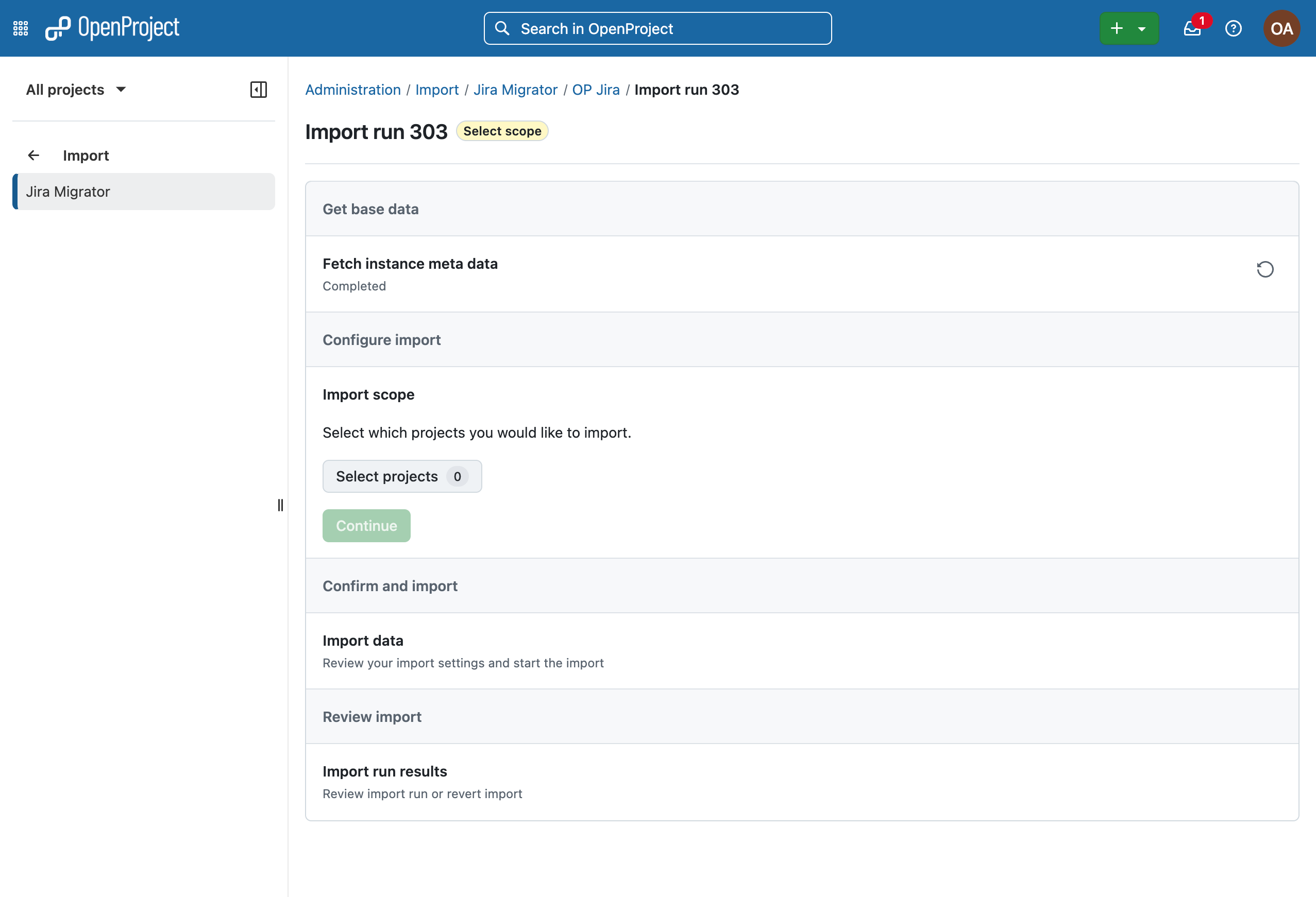 Select projects button in Jira import configuration
