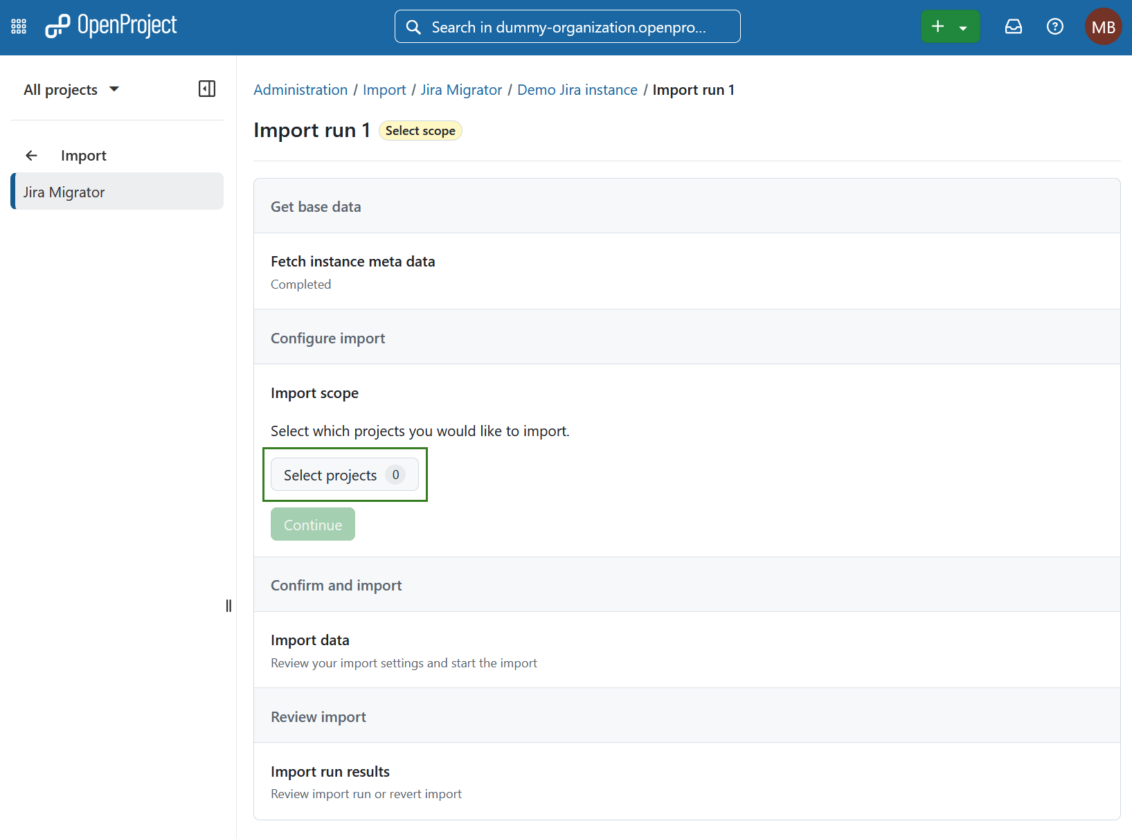 Select projects button in Jira import configuration