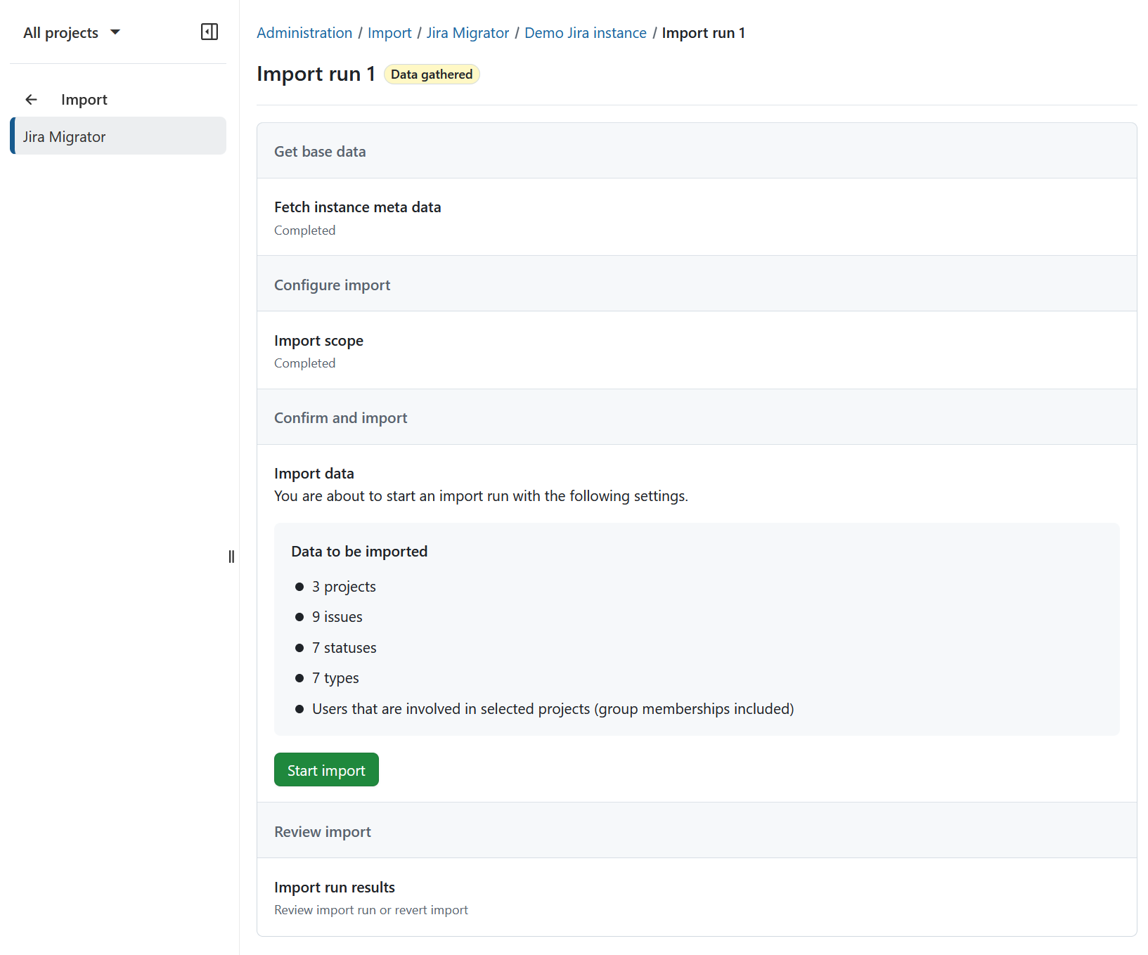 Start import button in Jira import workflow
