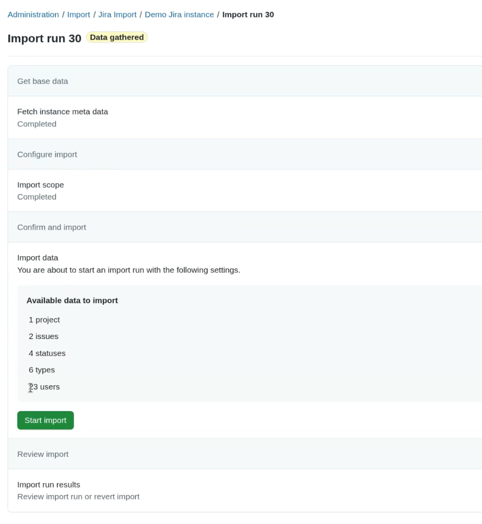 Start import button in Jira import workflow