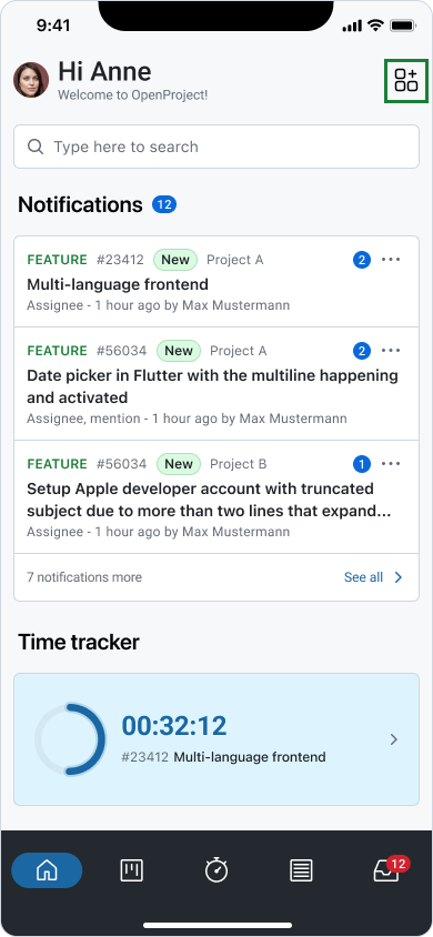 Home dashboard edit widgets entry point in OpenProject mobile app