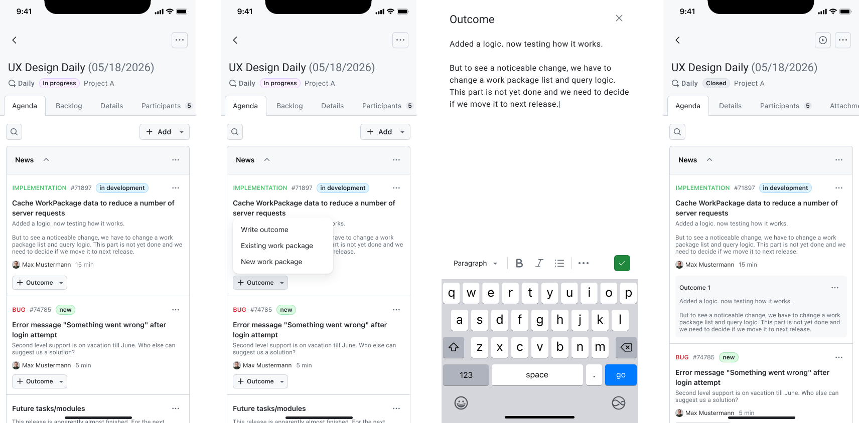 Status update and writing outcomes in a meeting