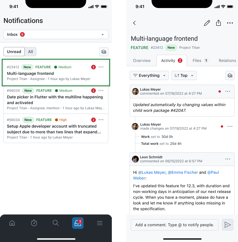 Notifications in the work package activity tab