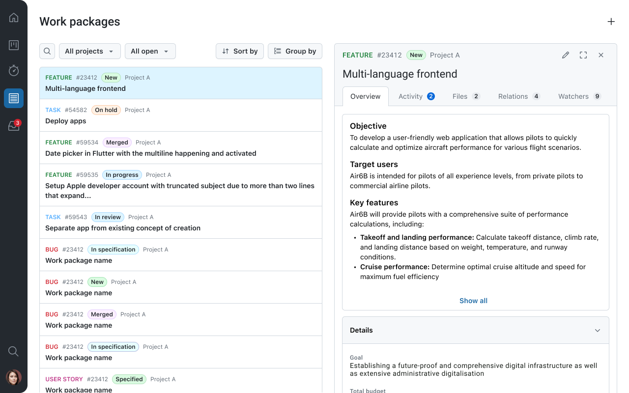Work package list with a work package open on a split view on a tablet device