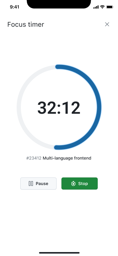 Timer running in a focus mode in the OpenProject mobile app