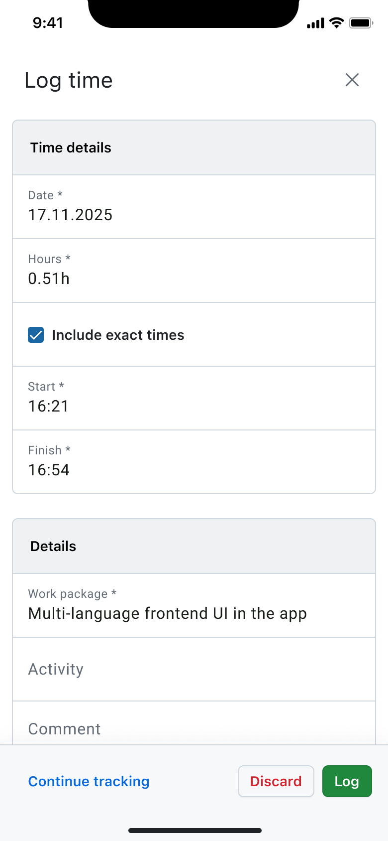 Log time modal in the OpenProject mobile app