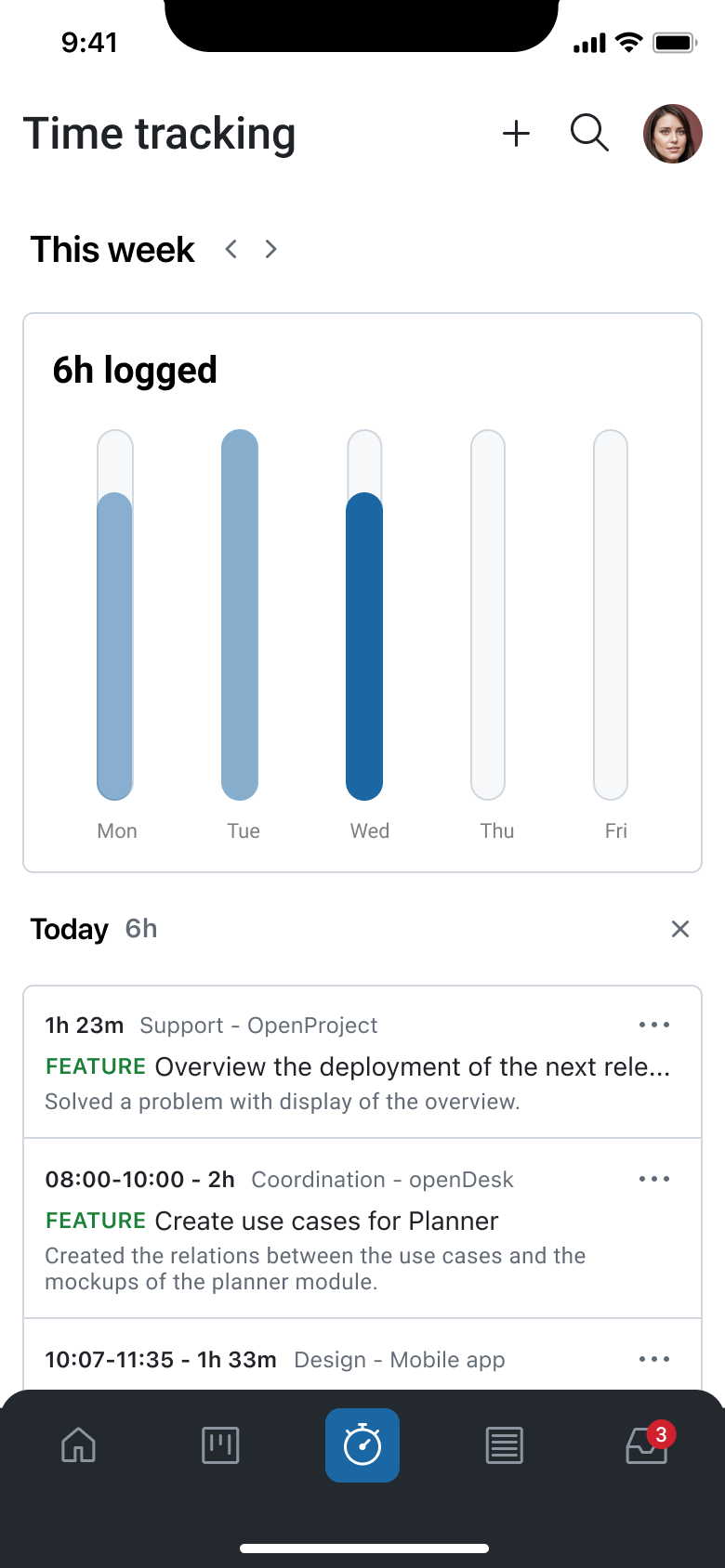 Time tracking index page with a day of the week selected in the OpenProject mobile app