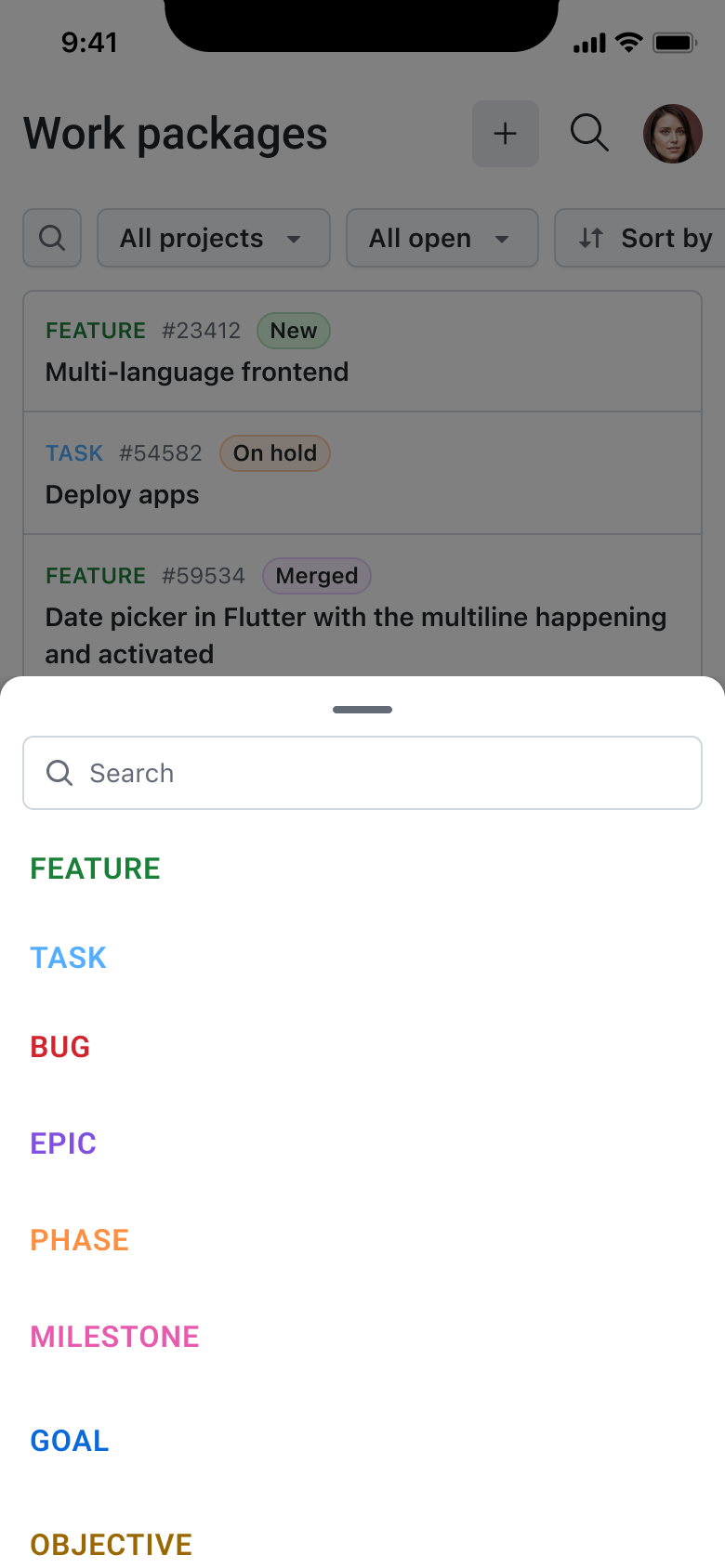 Work package creation bottom sheet to select a type in the OpenProject mobile app