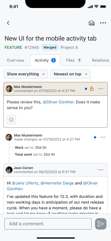Work package details on the activity tab in the OpenProject mobile app