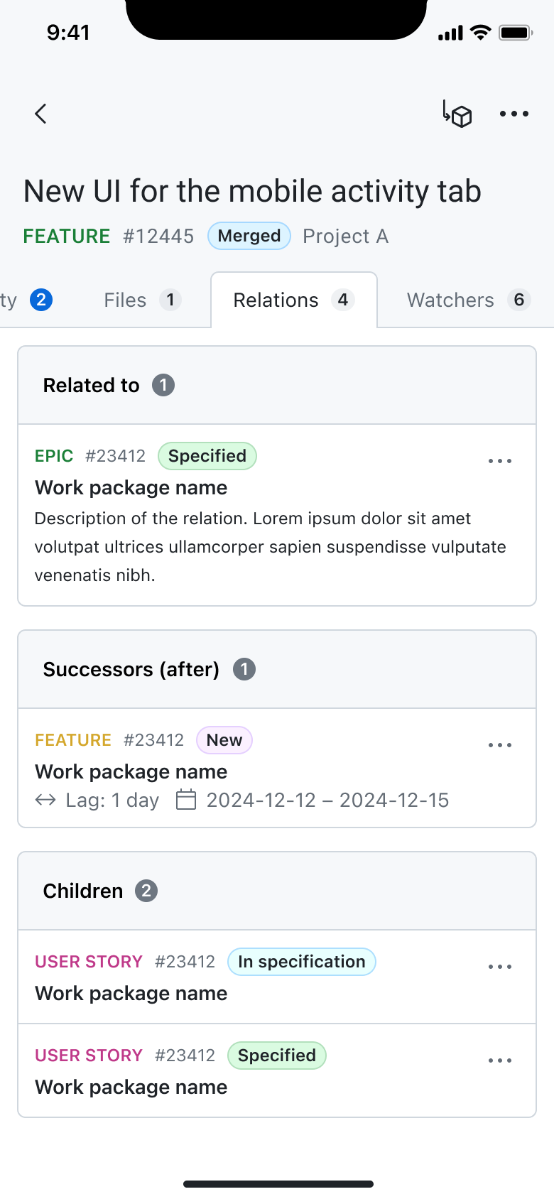 Work package details on the activity tab in the OpenProject mobile app