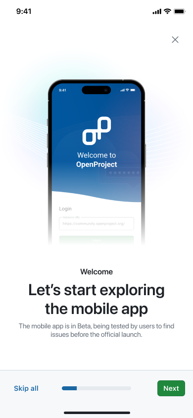 Onboarding page on the OpenProject mobile app