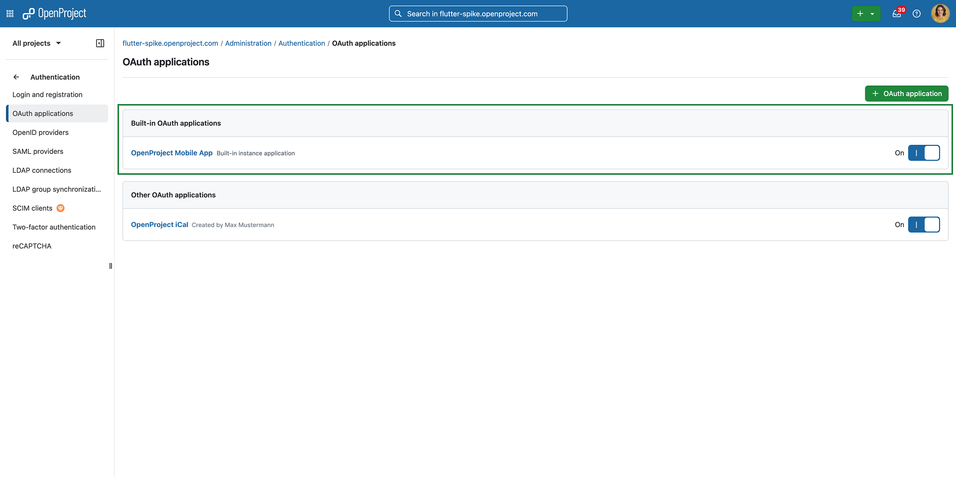 Applications setting to enable the built-in OAuth