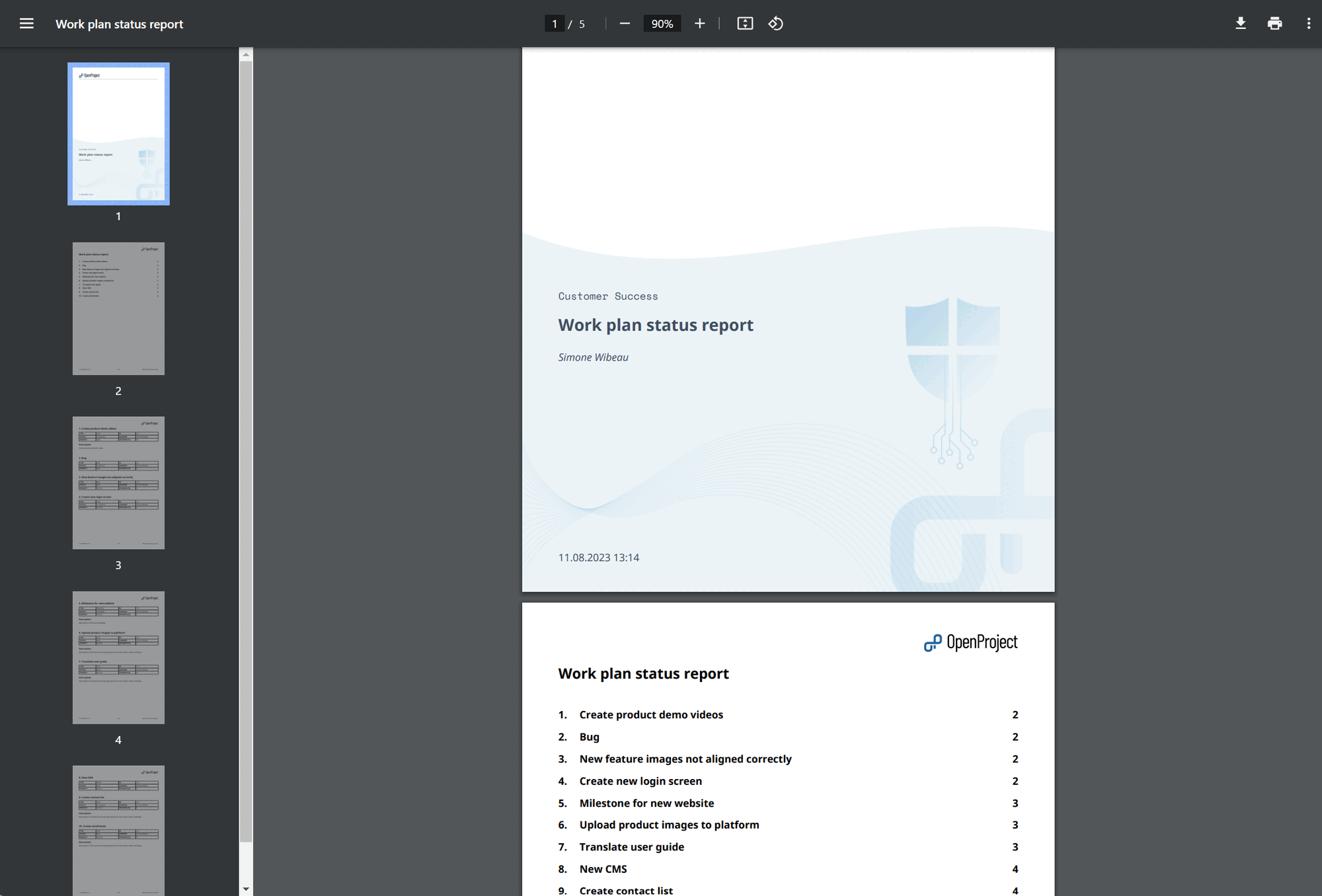 OpenProject pdf export of a project report