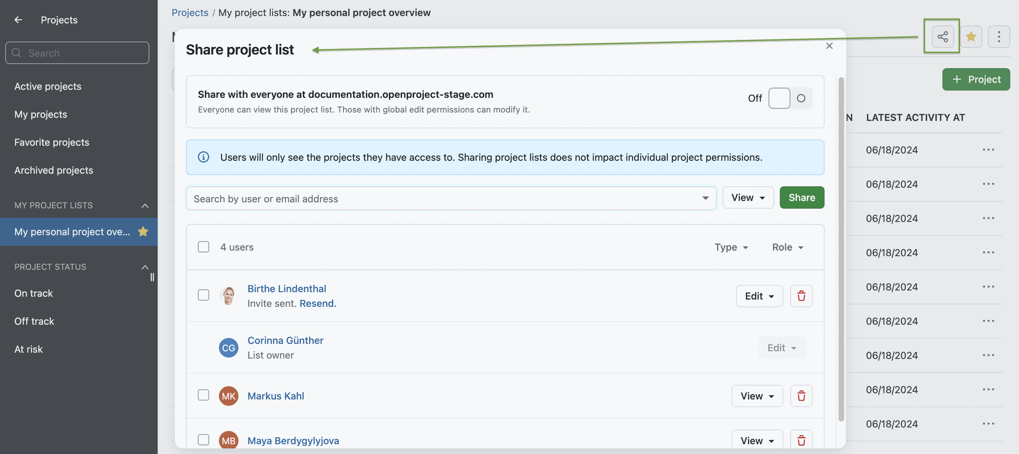 Screenshot showing how to share a project list