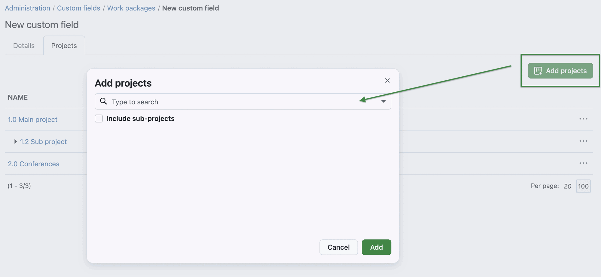 Screenshot showing the new administration page to add custom fields to multiple projects