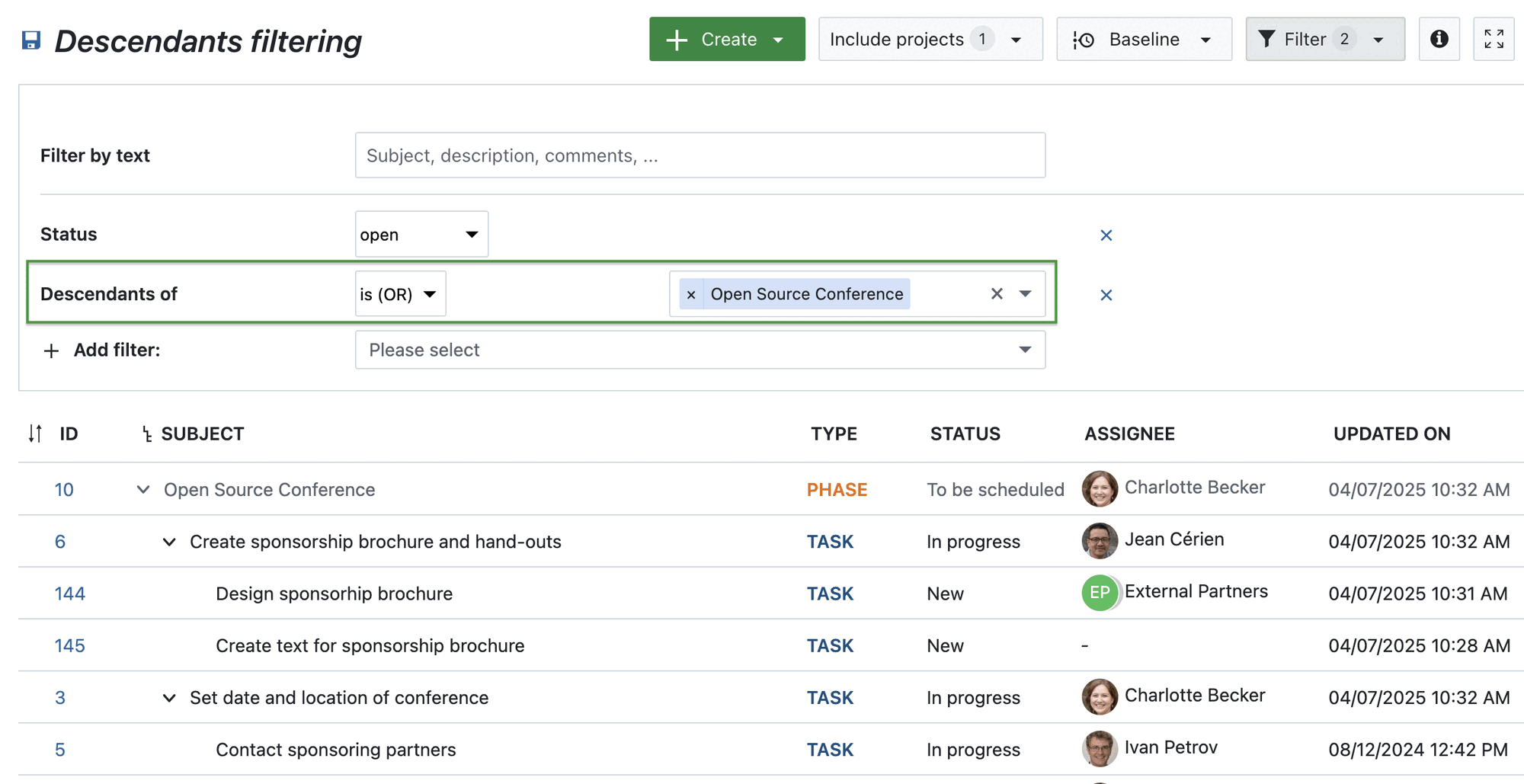 Work package table filtered for descendants of a phase