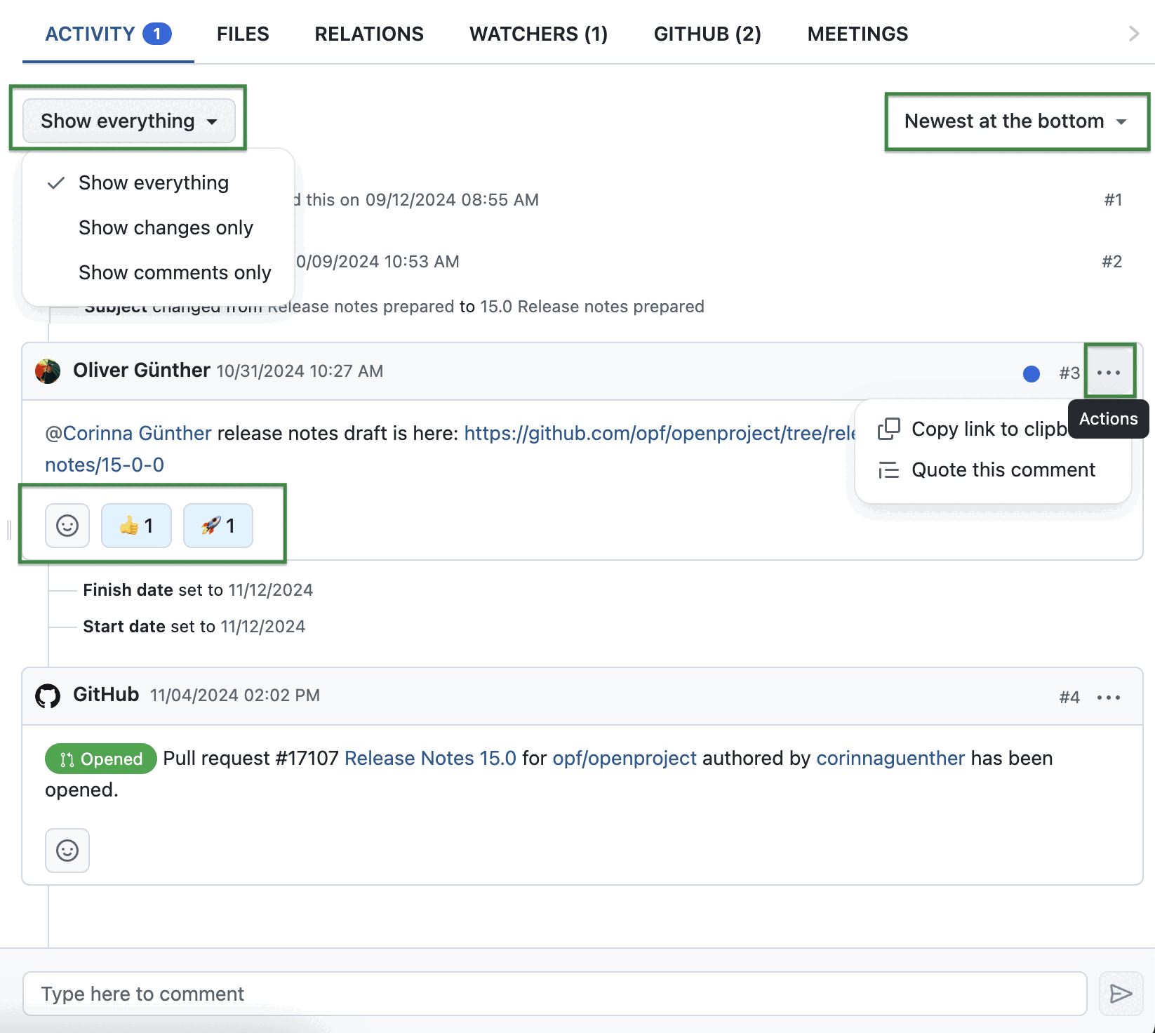 Screenshot showing the new Activity tab with highlighted changes