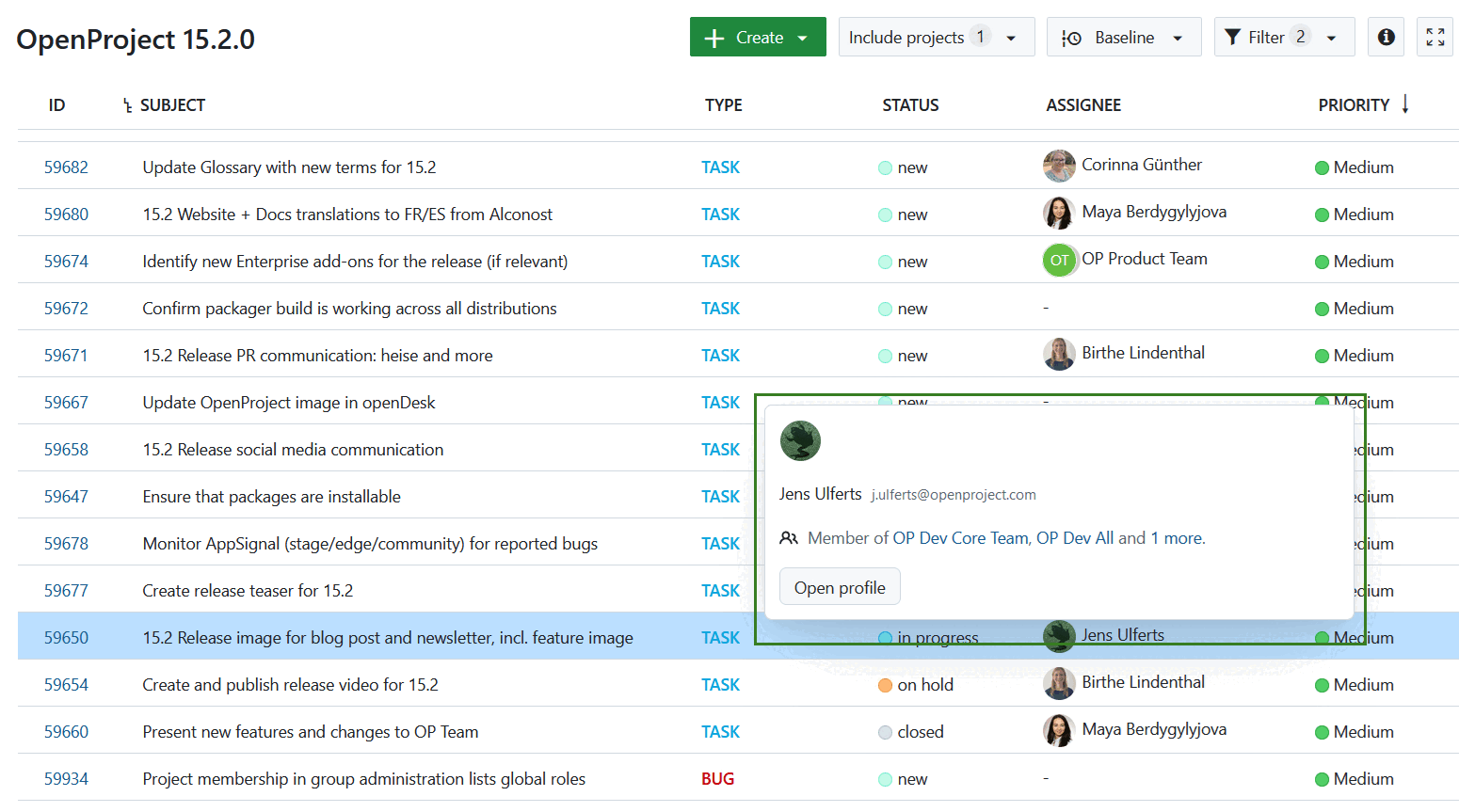 User information is displayed when hovering over avatar in OpenProject