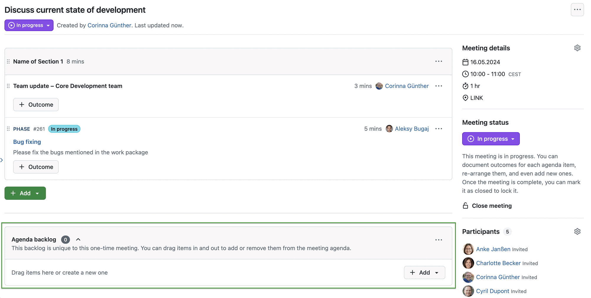 A one-time meeting in OpenProject with an Agenda backlog and info to ‘Drag items here or create a new one’.