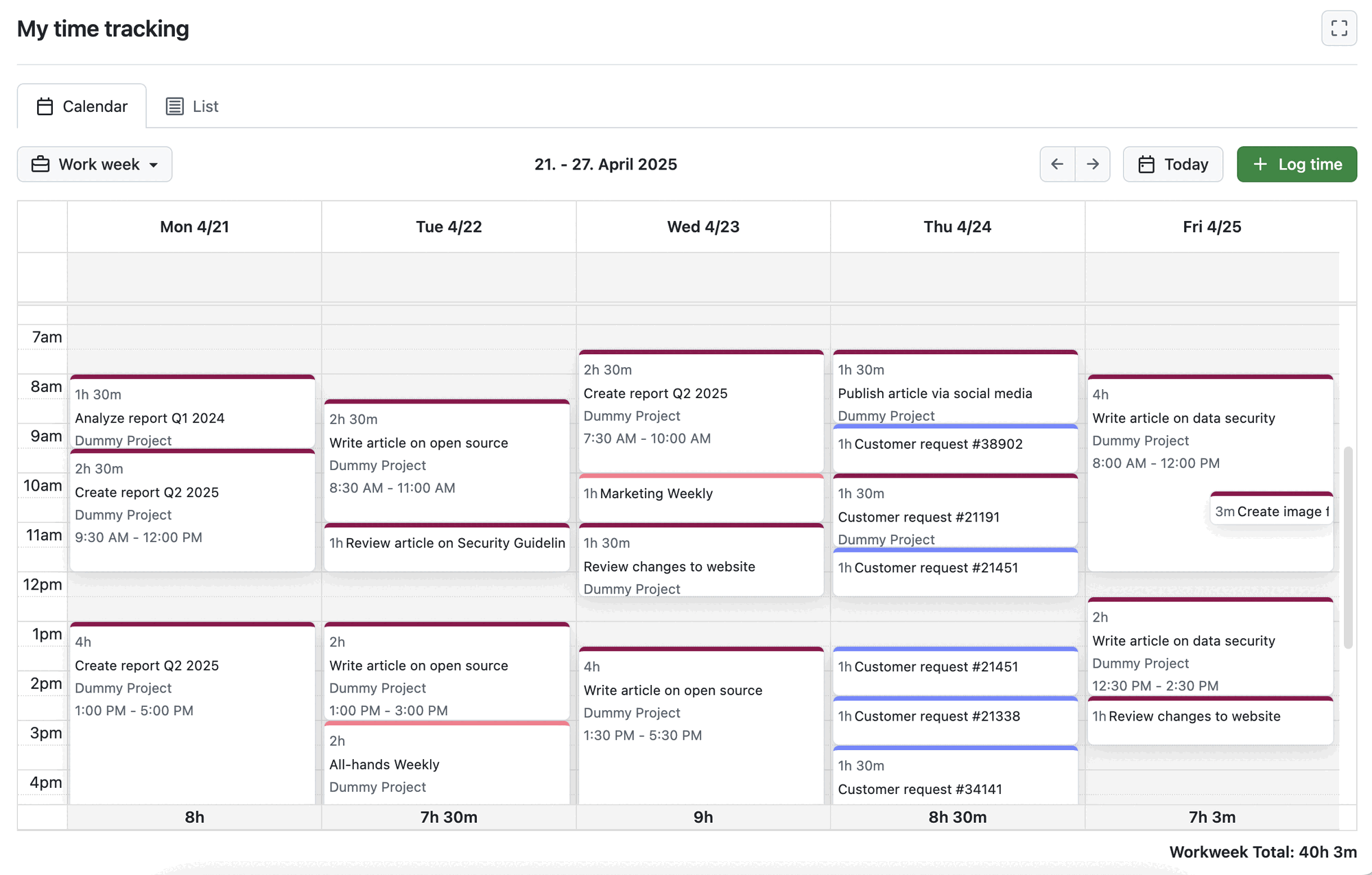 OpenProject’s My time tracking module in calendar view, showing a work week with different time entries.