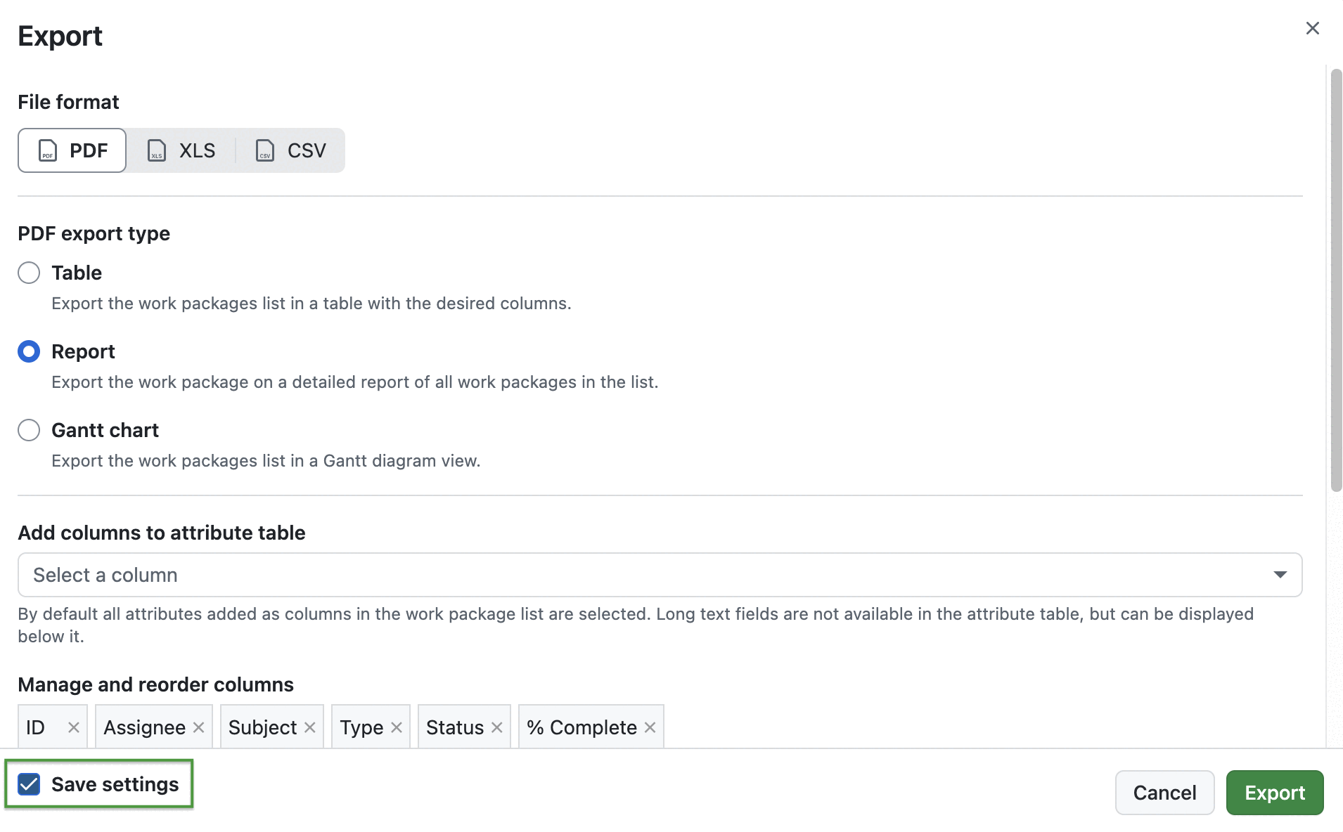 OpenProject work package table export modal with a highlighted checkbox to save settings.