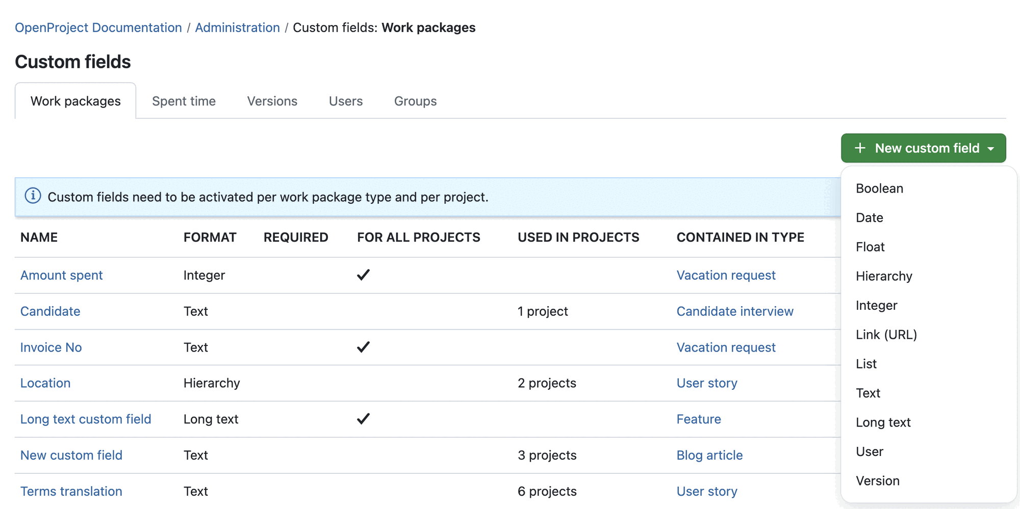 OpenProject administration to add a new custom field: Dropdown lets you choose the type during the first step