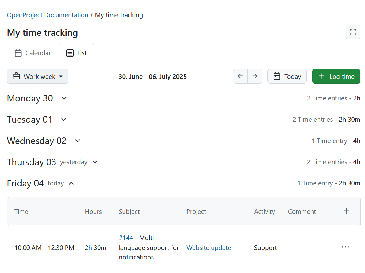 OpenProject’s My time tracking module in list view, only Today expanded