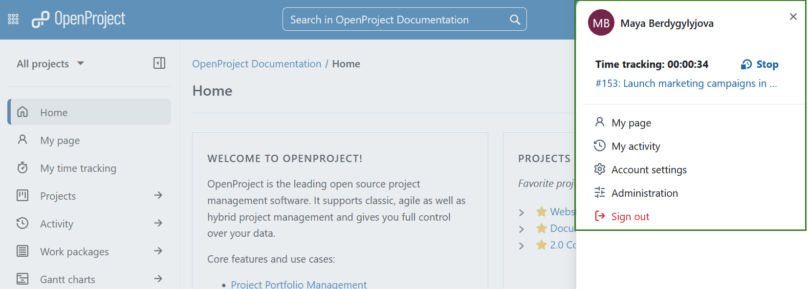 Screenshot showing OpenProject with a modal on the right side with user name, running timer and other information