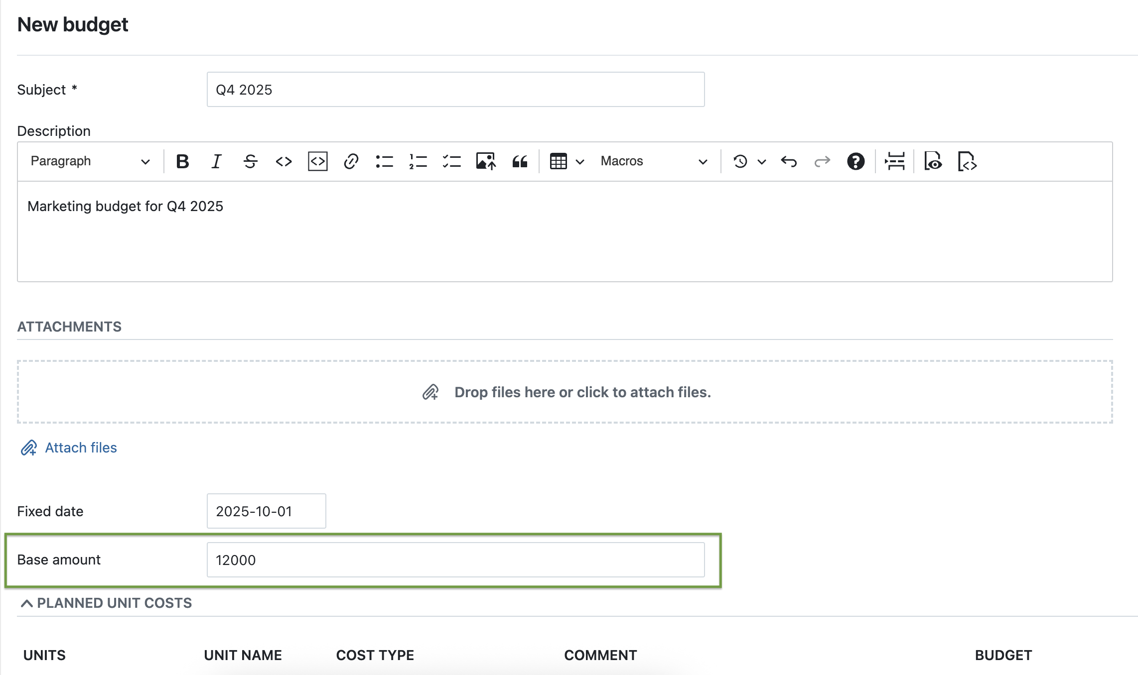Screenshot of OpenProject 16.4: New budget with highlighted Base amount