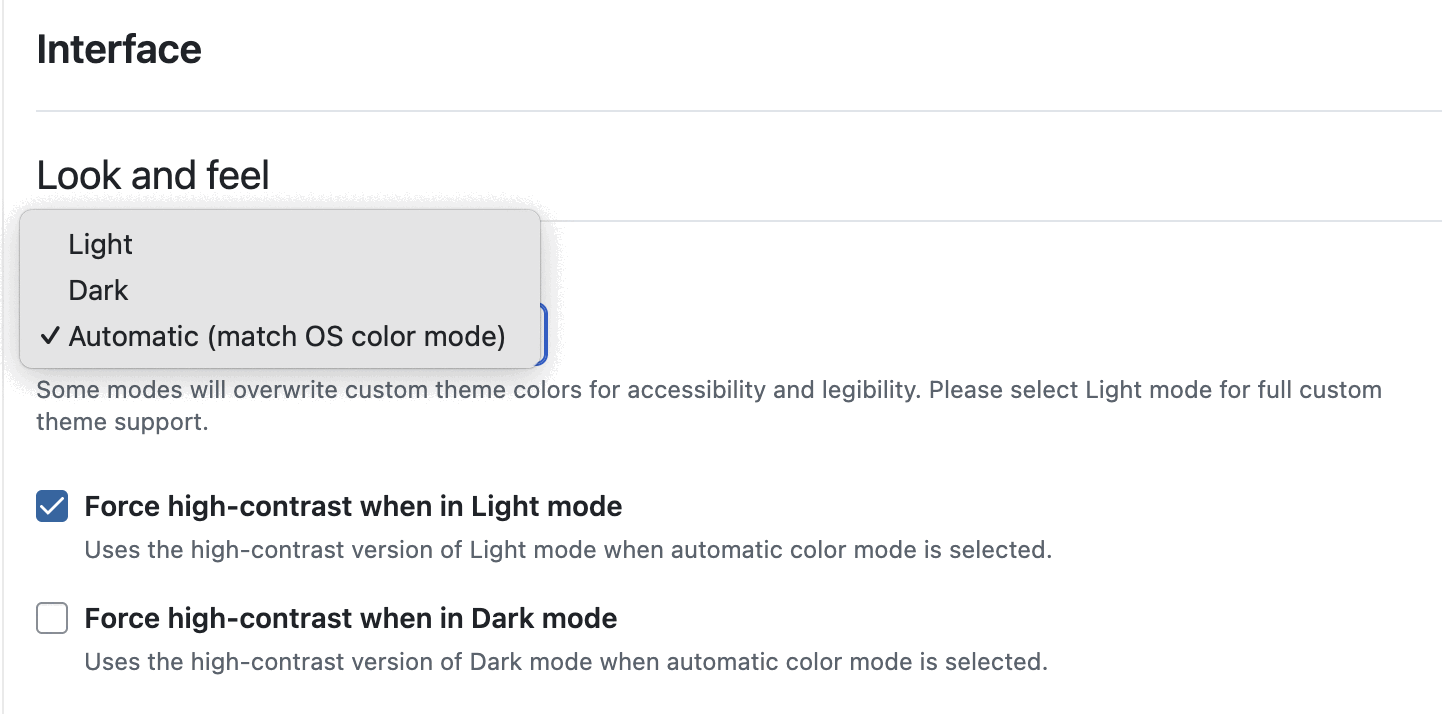 OpenProject account settings / Interface: Look and feel options reduced to “Dark”, “Light” and “Automatic”. Automatic is selected and below two checkboxes are displayed:” Force high contrast when in Light mode” and “Force high-contrast when in Dark mode”.