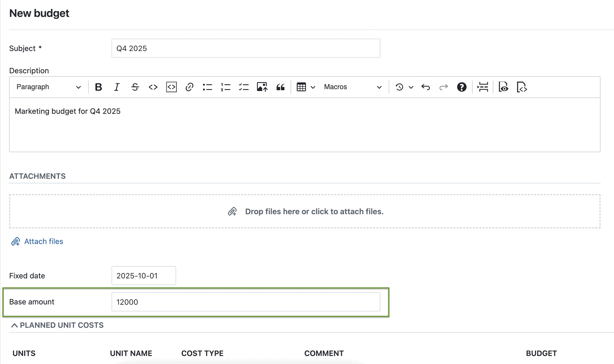Screenshot of OpenProject 16.4: New budget with highlighted Base amount