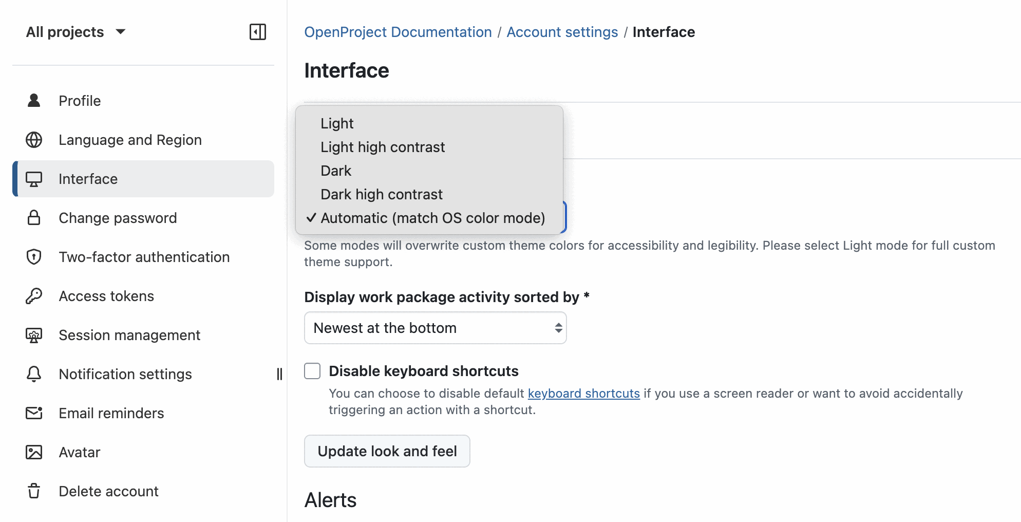 Screenshot of OpenProject 16.4: Account settings to adjust color mode, Automatic mode selected