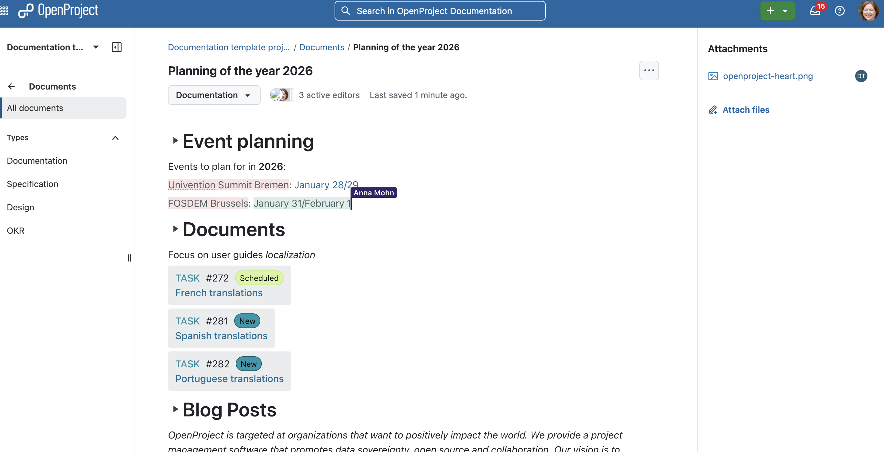 OpenProject Documents module showing a document “Planning of the year 2026” with 3 active editors