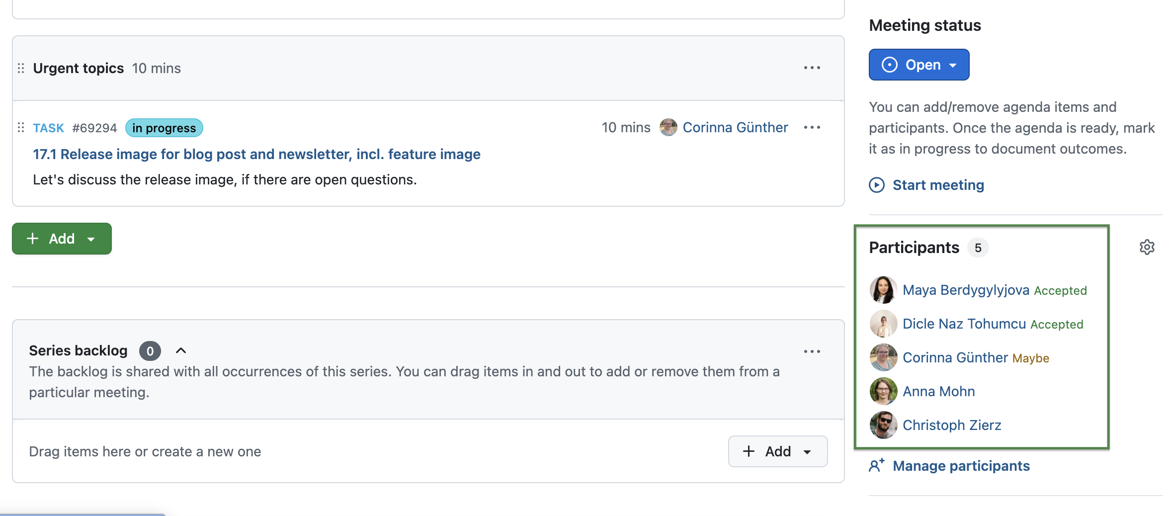 OpenProject meeting showing participants with statuses such as “accepted” or “maybe”