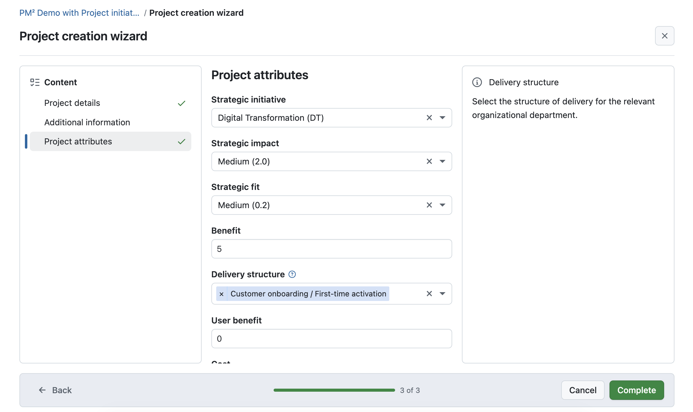 OpenProject wizard for a project initiation request, 3 column with different steps, currently shown: Project attributes, with help text on the right column.