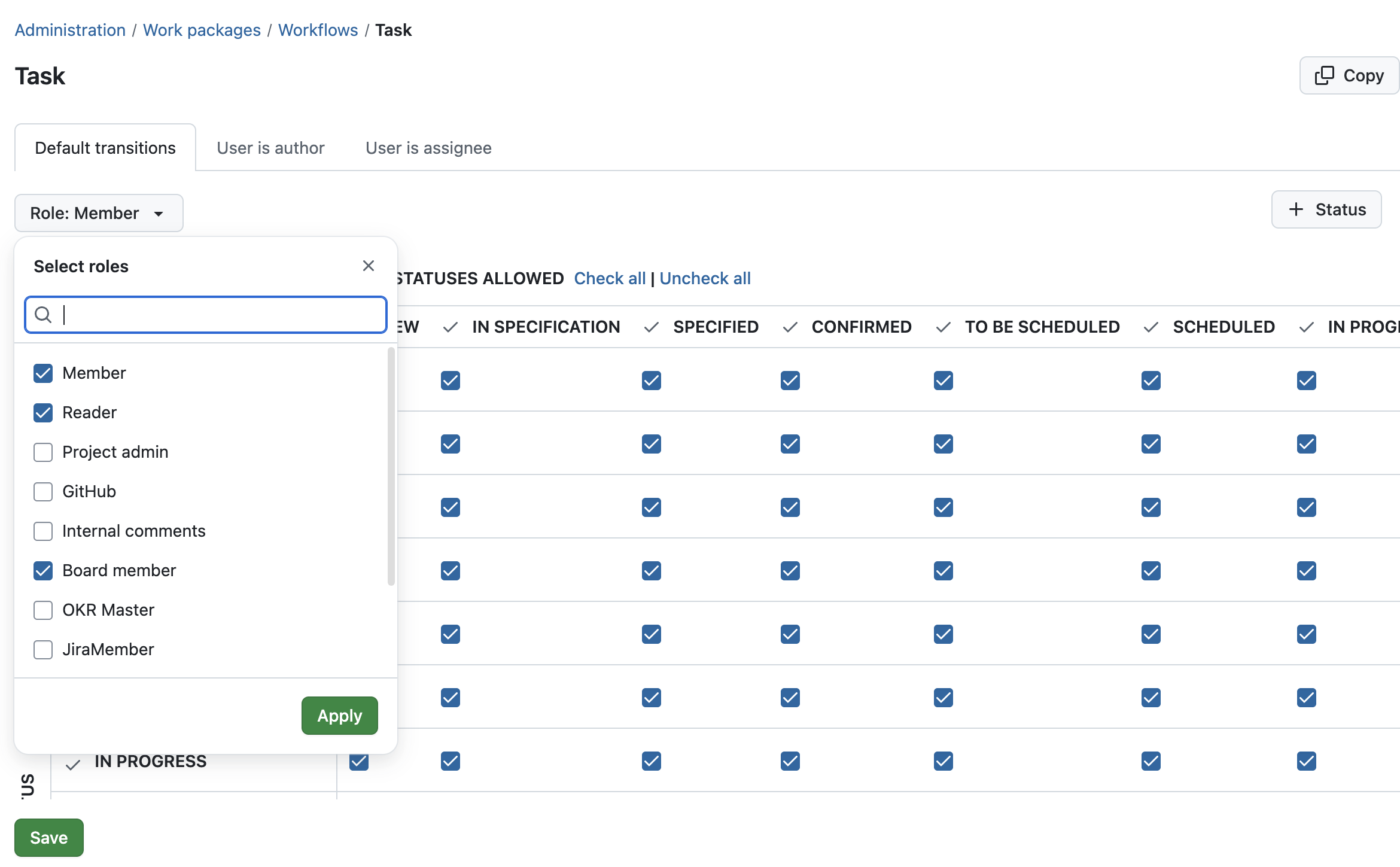 OpenProject workflows – multiple roles selected