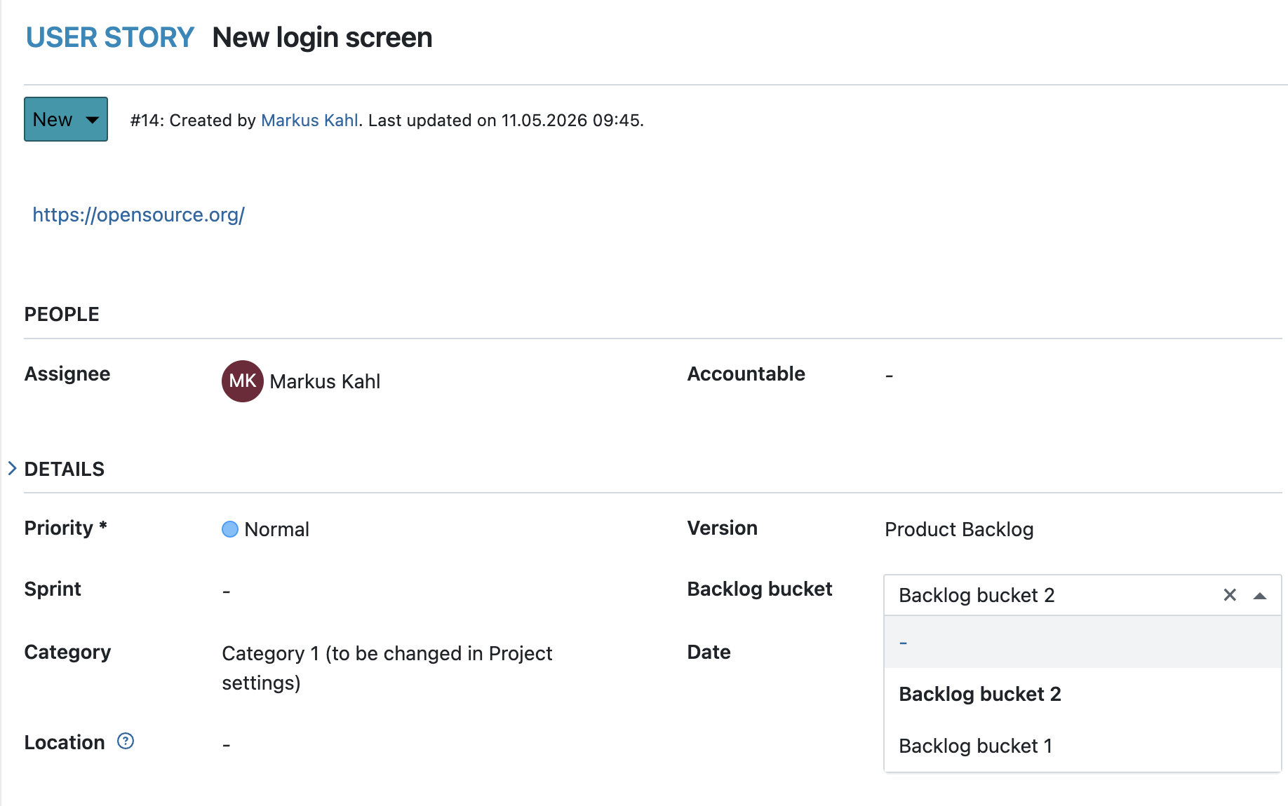 User story work package in OpenProject with backlog bucket dropdown