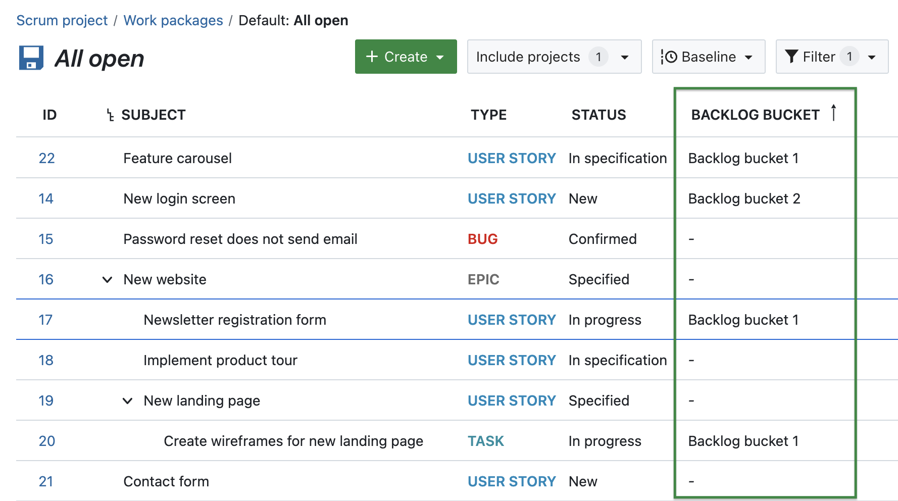 Work package table with highlighted Backlog bucket column