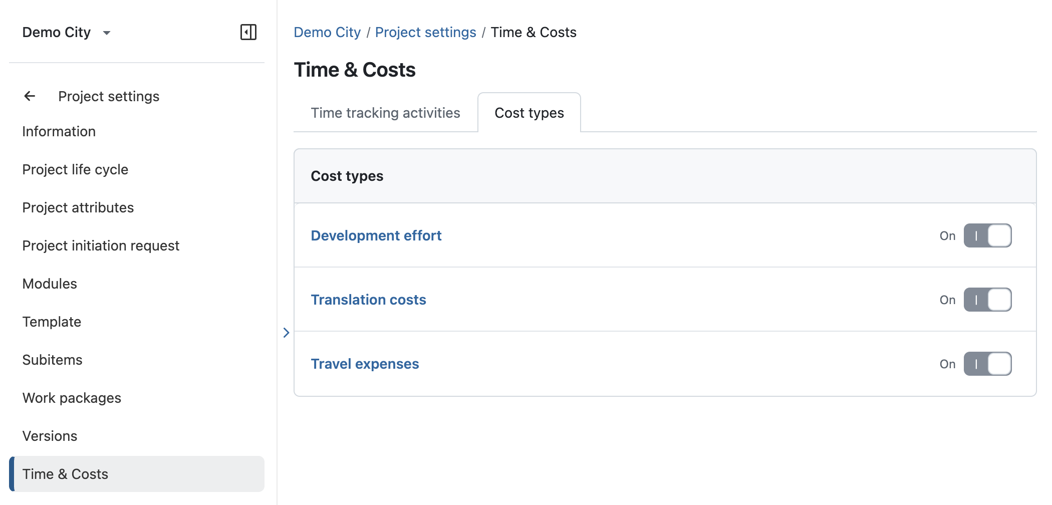 Time and Costs setting in a project with Cost types overview