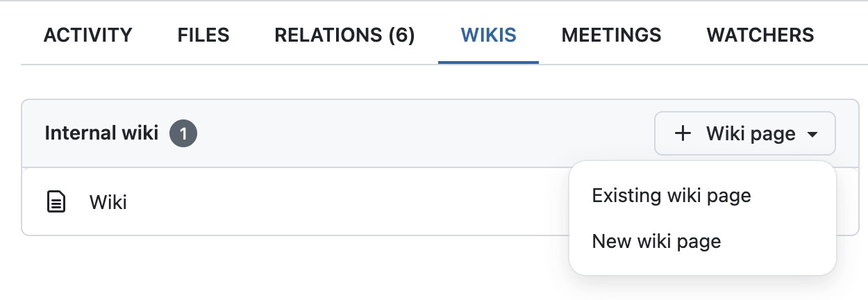 Work package tab “Wikis” with option to link an existing wiki page or create a new wiki page